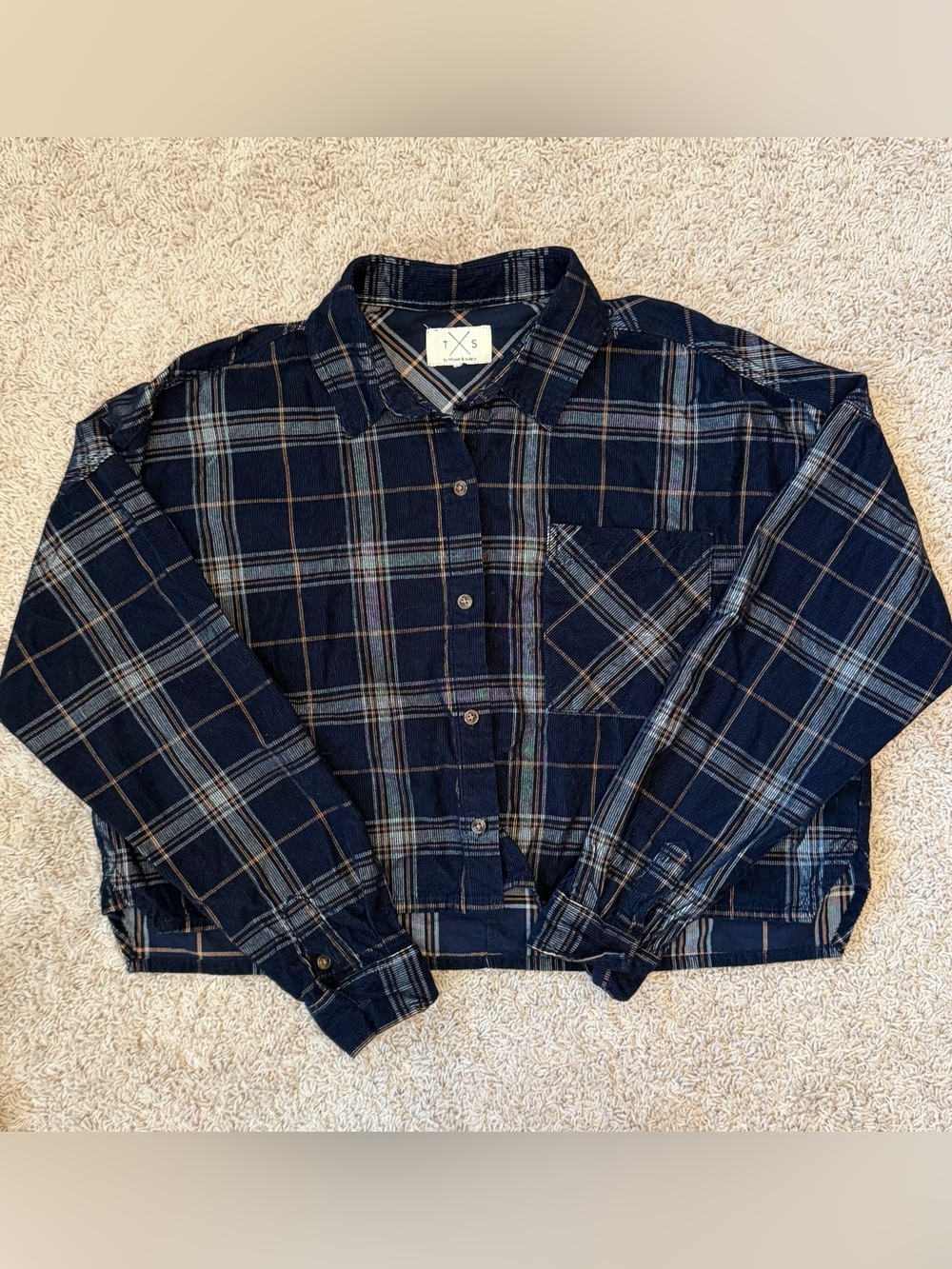 Thread & Supply Cropped Navy Plaid Button-Up Shacket